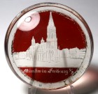 German or Bohemian Souvenir Paperweight with Ruby Stain Engraved Scene of Münster in Freiburg