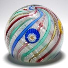 Large Fratelli Toso Murano Latticinio and Twist Crown Paperweight with Millefiori Canes