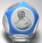 Baccarat 1955 Sulphide Double Overlay Paperweight of Marquis de Lafayette with a Diamond Cut Base