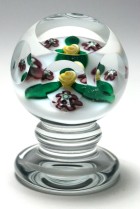 Charles Kaziun Jr. Miniature Yellow Sandwich Rose Tilted Pedestal Paperweight with Millefiori on White Ground