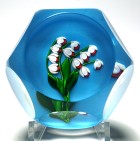 Large St. Louis 1986 Spray of Red and White Lilies of the Valley Paperweight on Turquoise Ground - Limited Edition with Certificates and Box